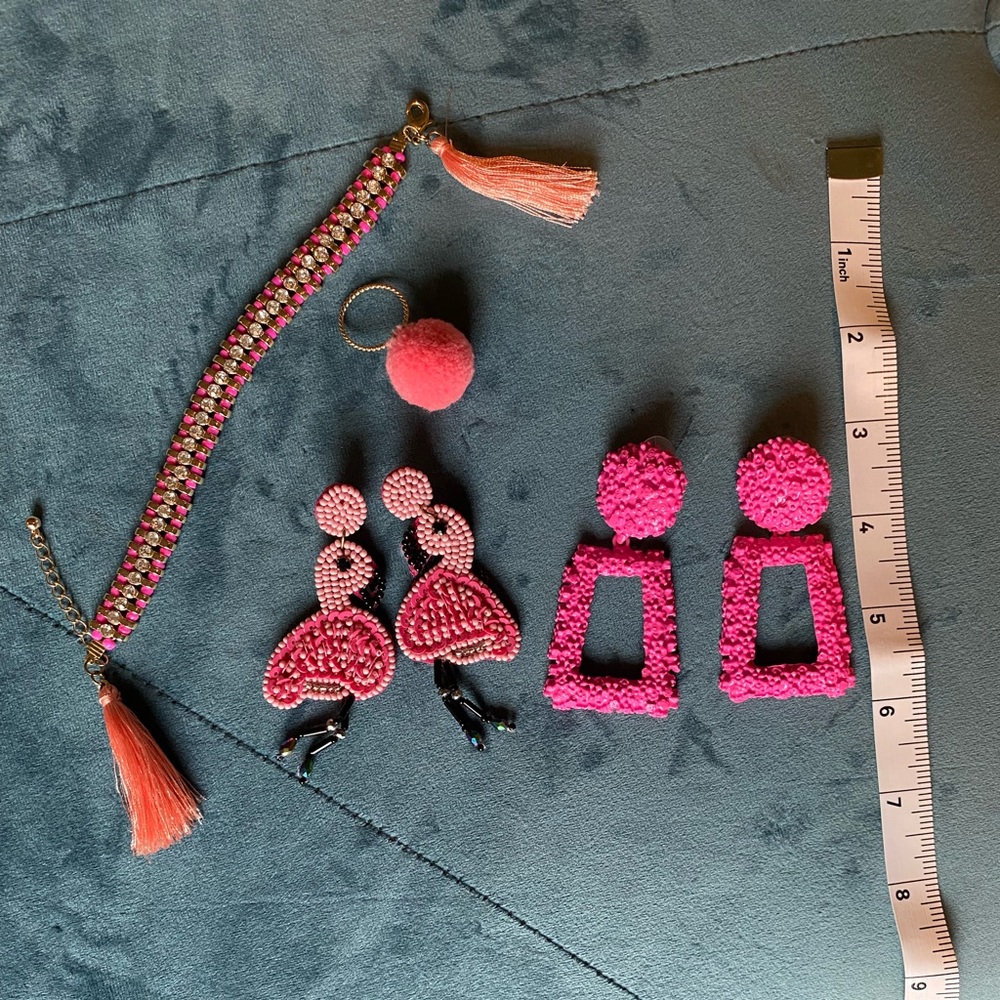LOT of pink jewelry! Flamingo and door knocker earrings